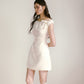 White silk satin elastic one-shoulder bow waisted girlish dress R5171