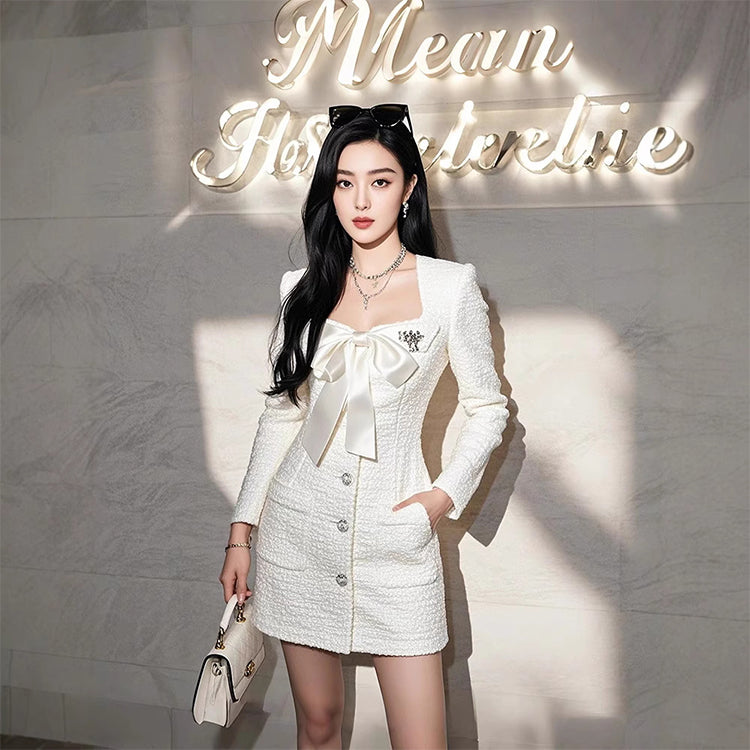 Birthday party small dress skirt high-end light luxury niche formal occasion bow white dress R1773