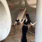 Hepburn style black dress high-end niche temperament heavy fishtail halter neck dress R1774