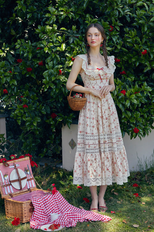 French cotton pastoral lace print dress fishbone skirt square neck women R5071