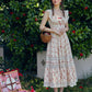 French cotton pastoral lace print dress fishbone skirt square neck women R5071