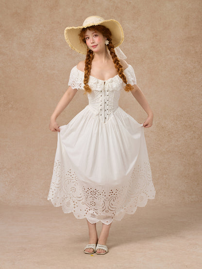 French design fishbone dress pure white hollow one shoulder long dress for women R5074