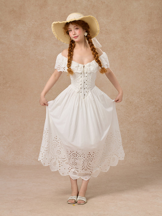 French design fishbone dress pure white hollow one shoulder long dress for women R5074