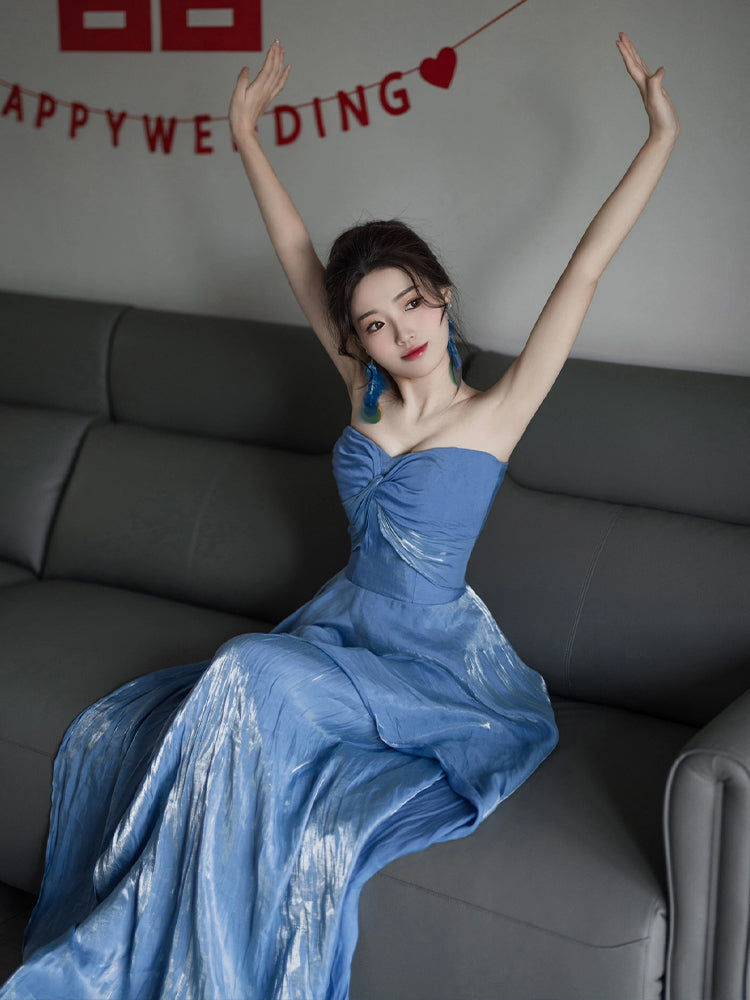 Dress blue wedding banquet high-end banquet temperament slim tube top dress R1624