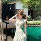 Green oil painting waist dress holiday design suspenders floral dress women summer R3909