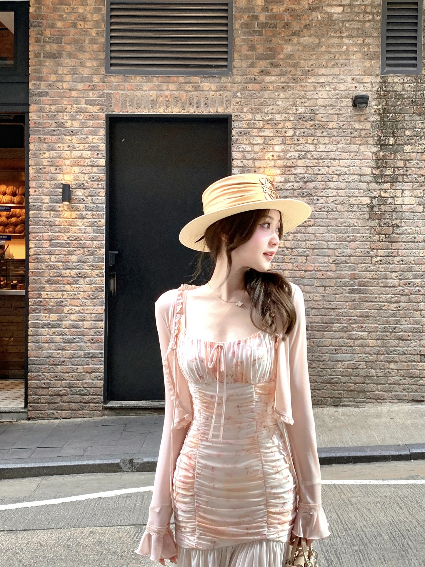 Design sense waist floral sling fishtail dress big swing gauze skirt long summer R3908