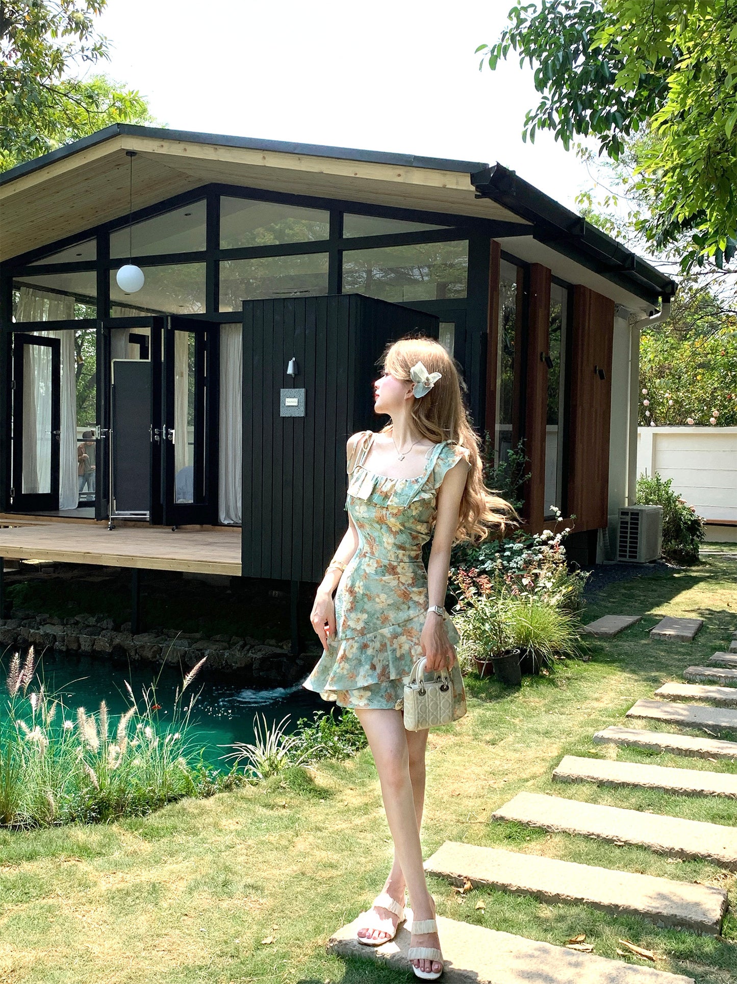 Green oil painting waist dress holiday design suspenders floral dress women summer R3909