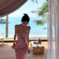 Travel wear printed deep v suspender dress sexy backless beach dress R1596