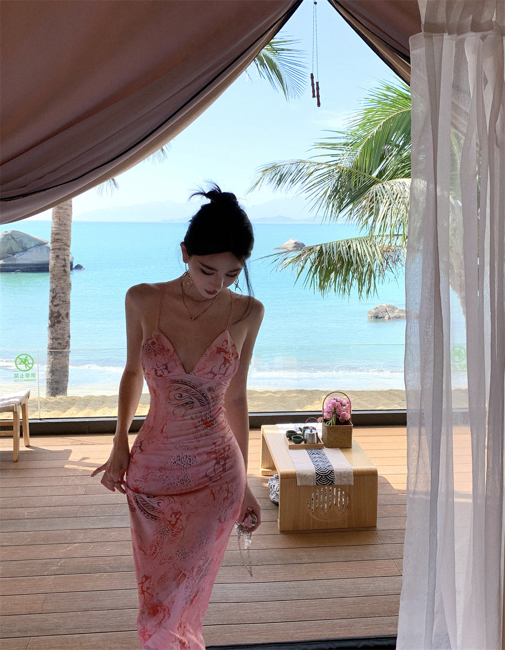 Travel wear printed deep v suspender dress sexy backless beach dress R1596