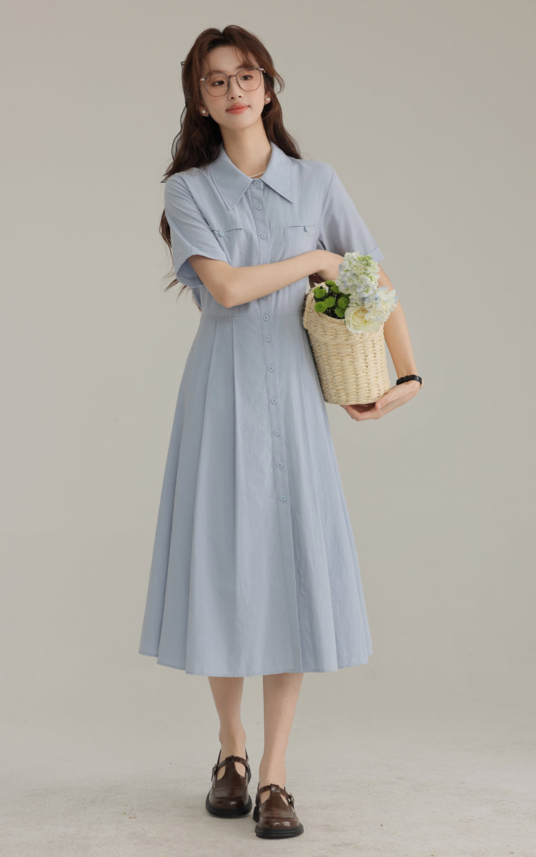 French new blue college style dress waist pleated shirt skirt R1938