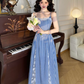 Blue plaid suspender dress beautiful unique waist temperament long skirt new style R0632