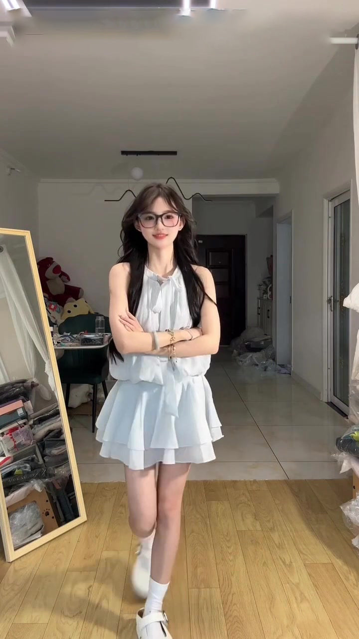 Blue halter dress gentle temperament waist a-line short skirt summer skirt R0836