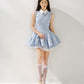 Blue shirt collar vest dress with multi-layered puffy patchwork waist sleeveless dress R5174