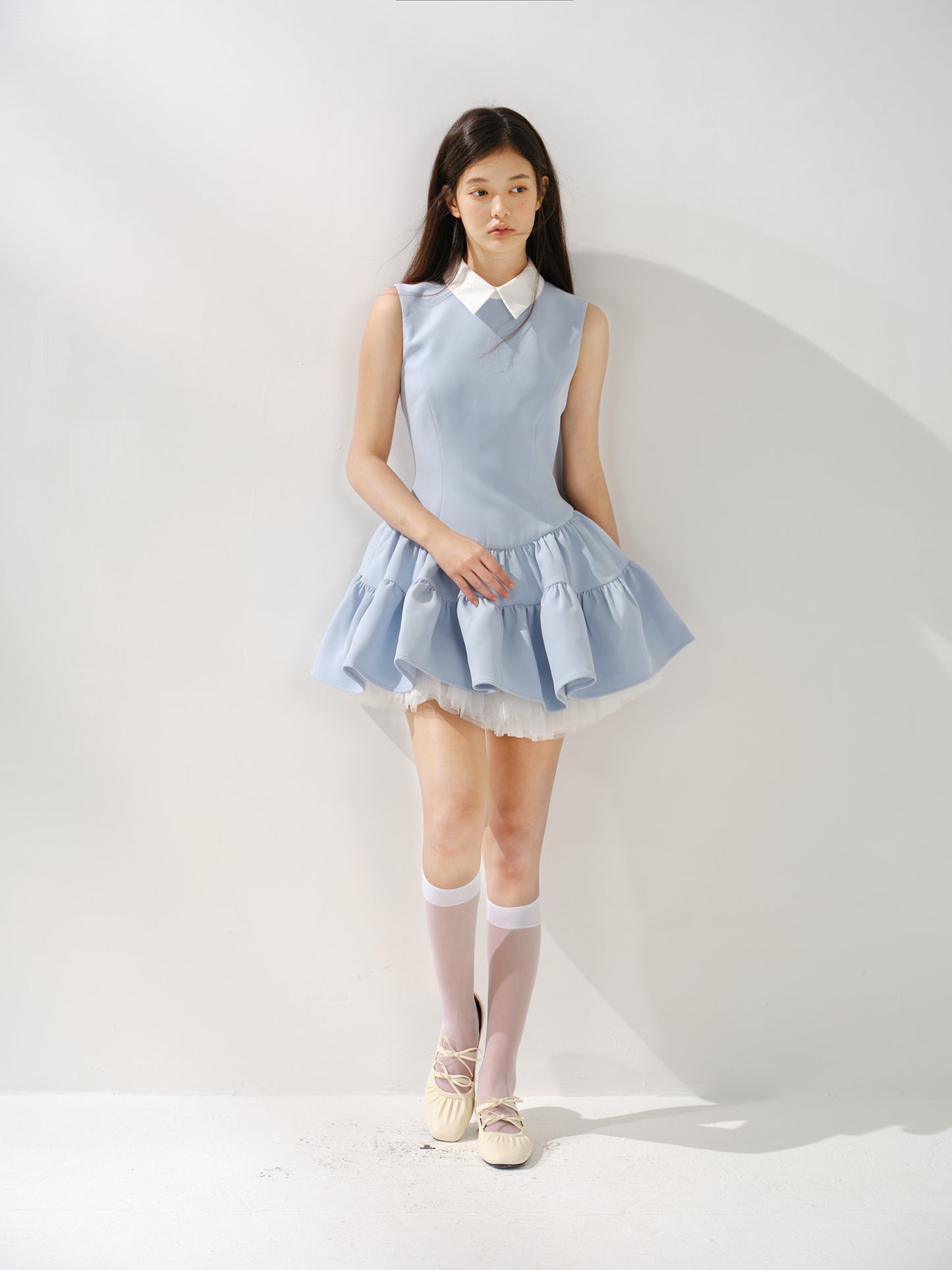 Blue shirt collar vest dress with multi-layered puffy patchwork waist sleeveless dress R5174
