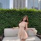 Pink V-neck sleeveless vest dress gentle temperament waist A-line short skirt R0844