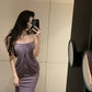High-grade purple tube top dress, elegant and slim design, fake two-piece shawl pleated hip skirt R1485