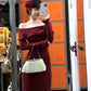 French high-end red one-shoulder knitted dress beautiful slim and elegant long skirt R1789