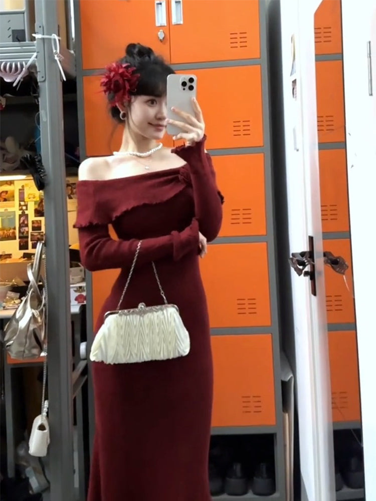 French high-end red one-shoulder knitted dress beautiful slim and elegant long skirt R1789