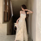 New Chinese style printed satin suspender dress niche waist slim temperament long skirt R1791