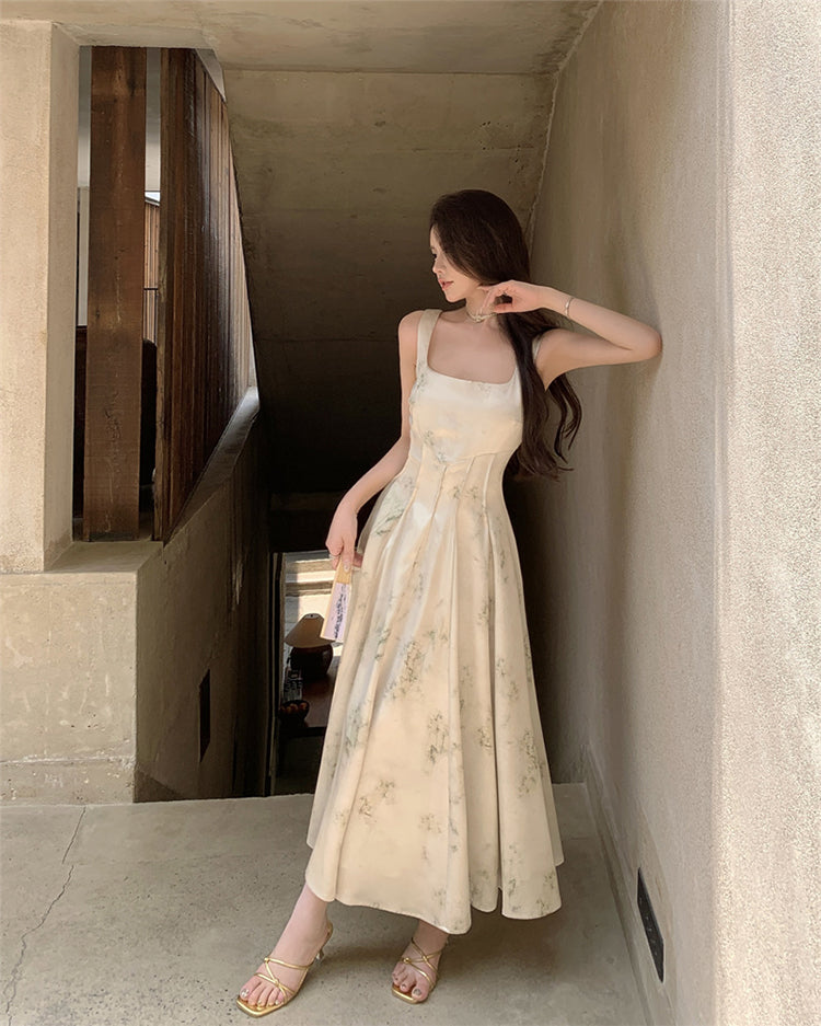 New Chinese style printed satin suspender dress niche waist slim temperament long skirt R1791