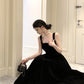 Square neck suspender dress temperament slim Hepburn style evening party black long dress R1484