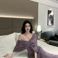 High-grade purple tube top dress, elegant and slim design, fake two-piece shawl pleated hip skirt R1485