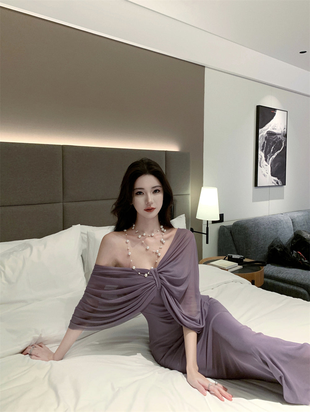 High-grade purple tube top dress, elegant and slim design, fake two-piece shawl pleated hip skirt R1485