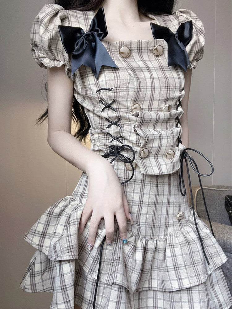 French first love skirt sweet retro plaid suit skirt puffy princess skirt two-piece suit R1648