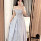 Blue jacquard suspender dress with a slender neckline and a fluffy long skirt. R0524