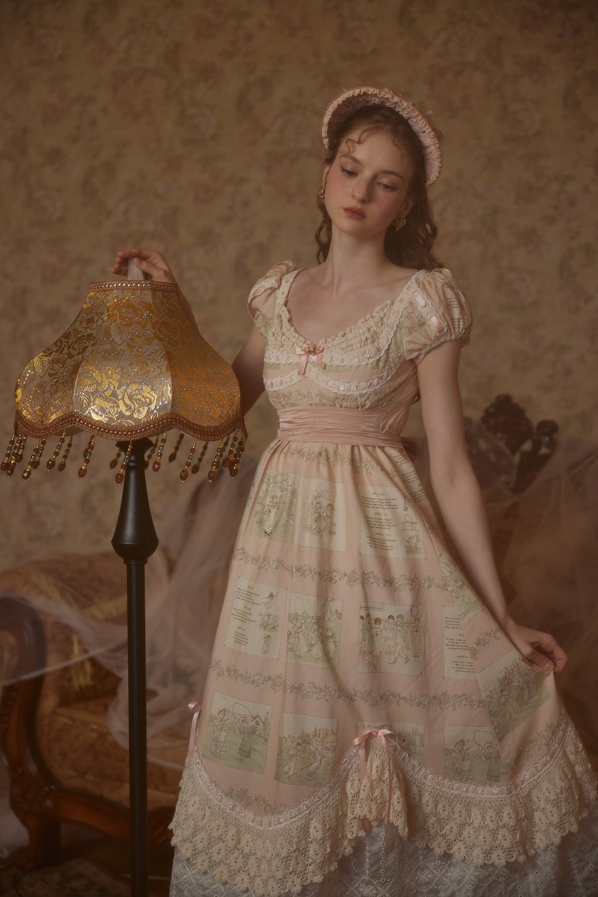 French court style empire dress printed lace dress cotton R5072