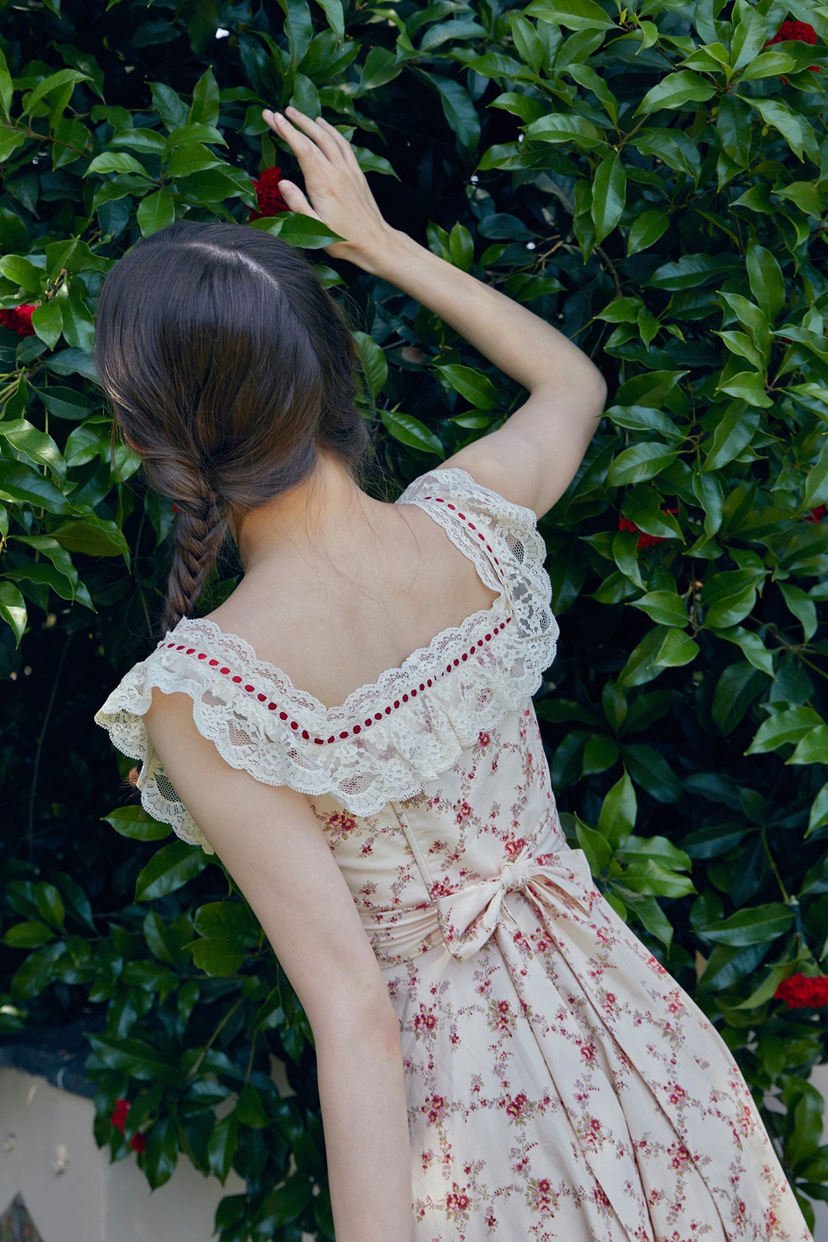 French cotton pastoral lace print dress fishbone skirt square neck women R5071