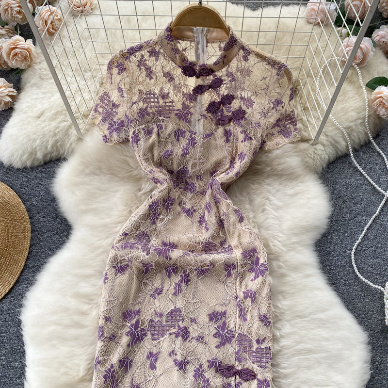 New retro embroidery print improved girl dress short sleeve slit hip cheongsam R2287