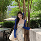 Blue floral suspender dress gentle temperament beautiful waist bud short skirt R0784
