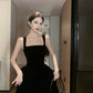 French square neck velvet suspender dress waist temperament dress black long skirt R1423