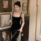Black square neck suspender dress slim fit slit Hepburn style velvet hip dress R1424