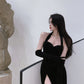 Sexy black halter neck velvet dress high-end slit backless evening party dress R1425
