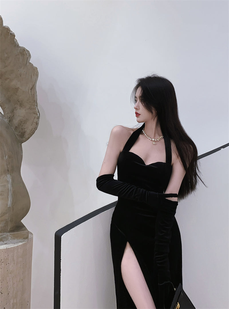 Sexy black halter neck velvet dress high-end slit backless evening party dress R1425