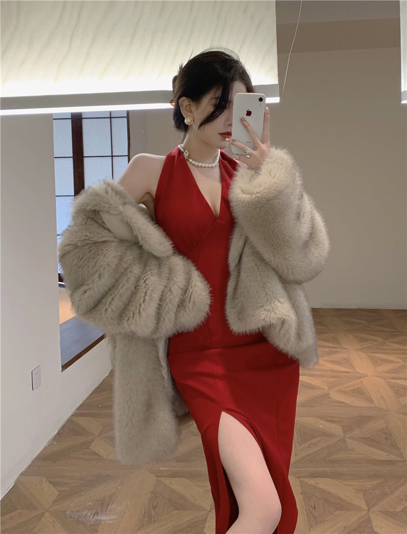 Hong Kong style retro wine red sleeveless backless slit halter neck dress beach dress R1426