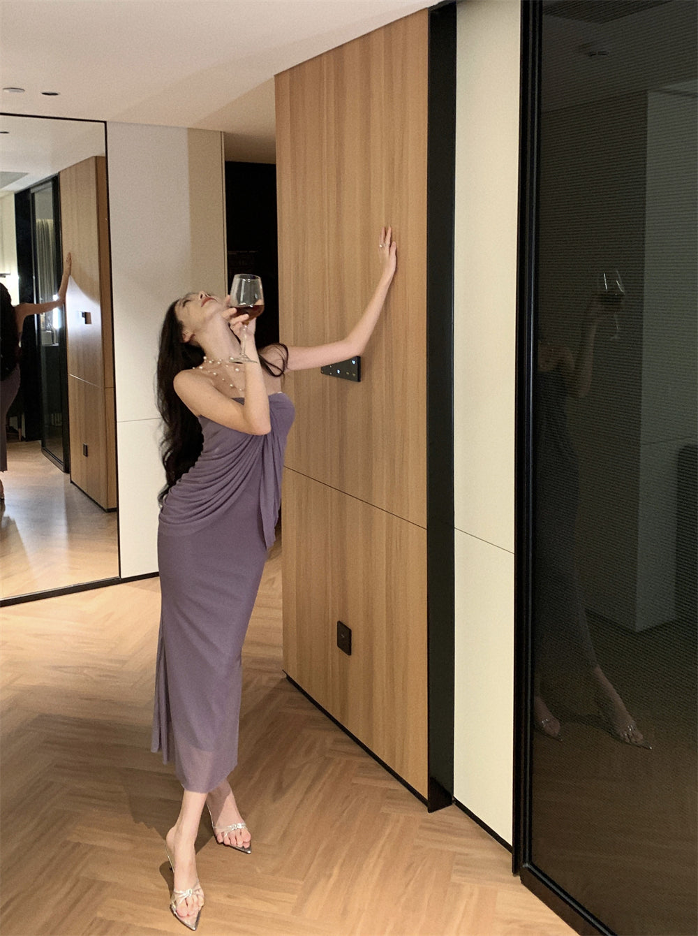 High-grade purple tube top dress, elegant and slim design, fake two-piece shawl pleated hip skirt R1485