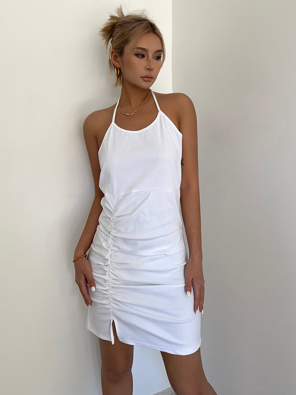 Hot girl style halter neck straps pleated slit slim suspender skirt holiday style hip skirt dress R3086