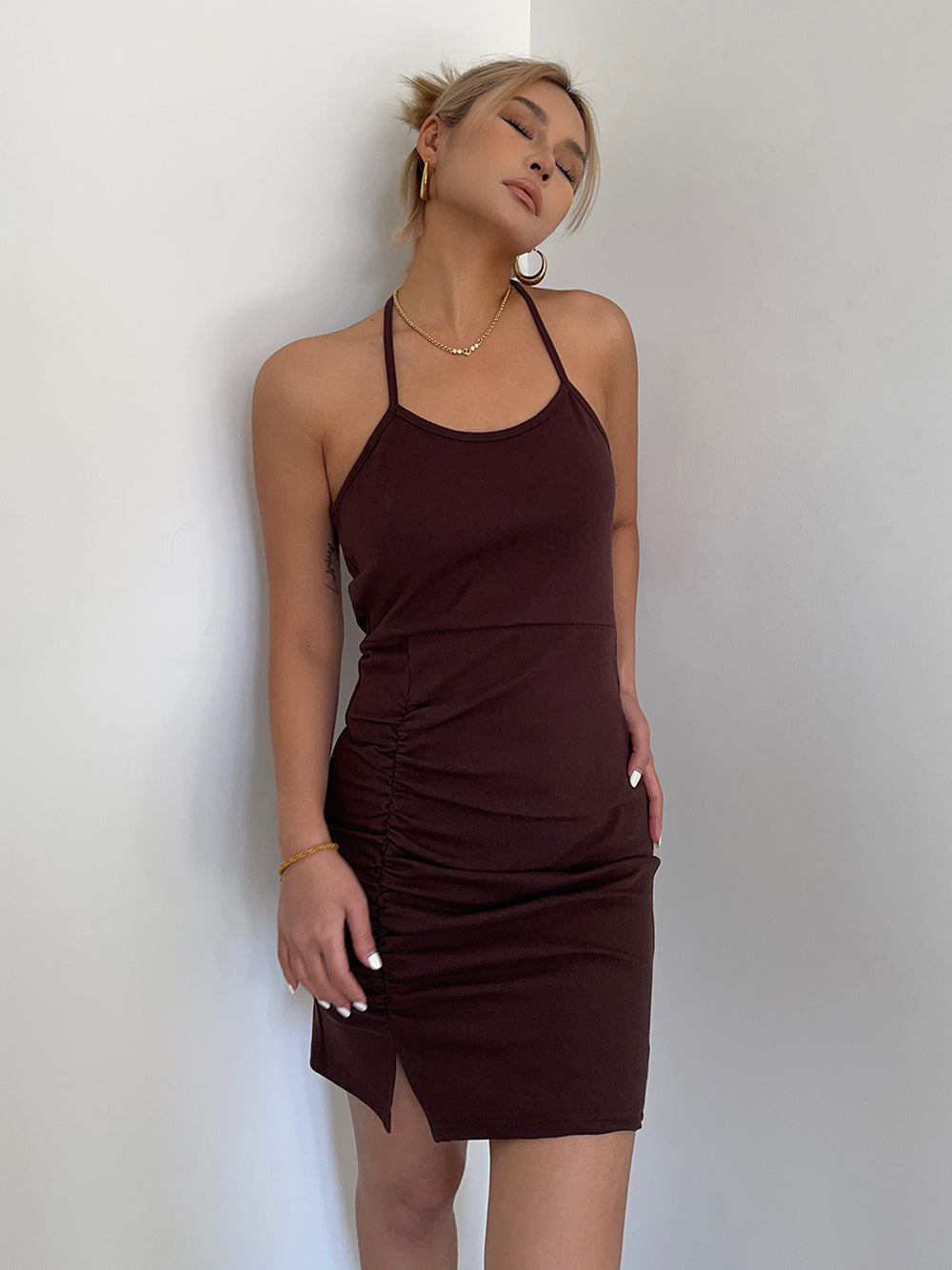 Hot girl style halter neck straps pleated slit slim suspender skirt holiday style hip skirt dress R3086