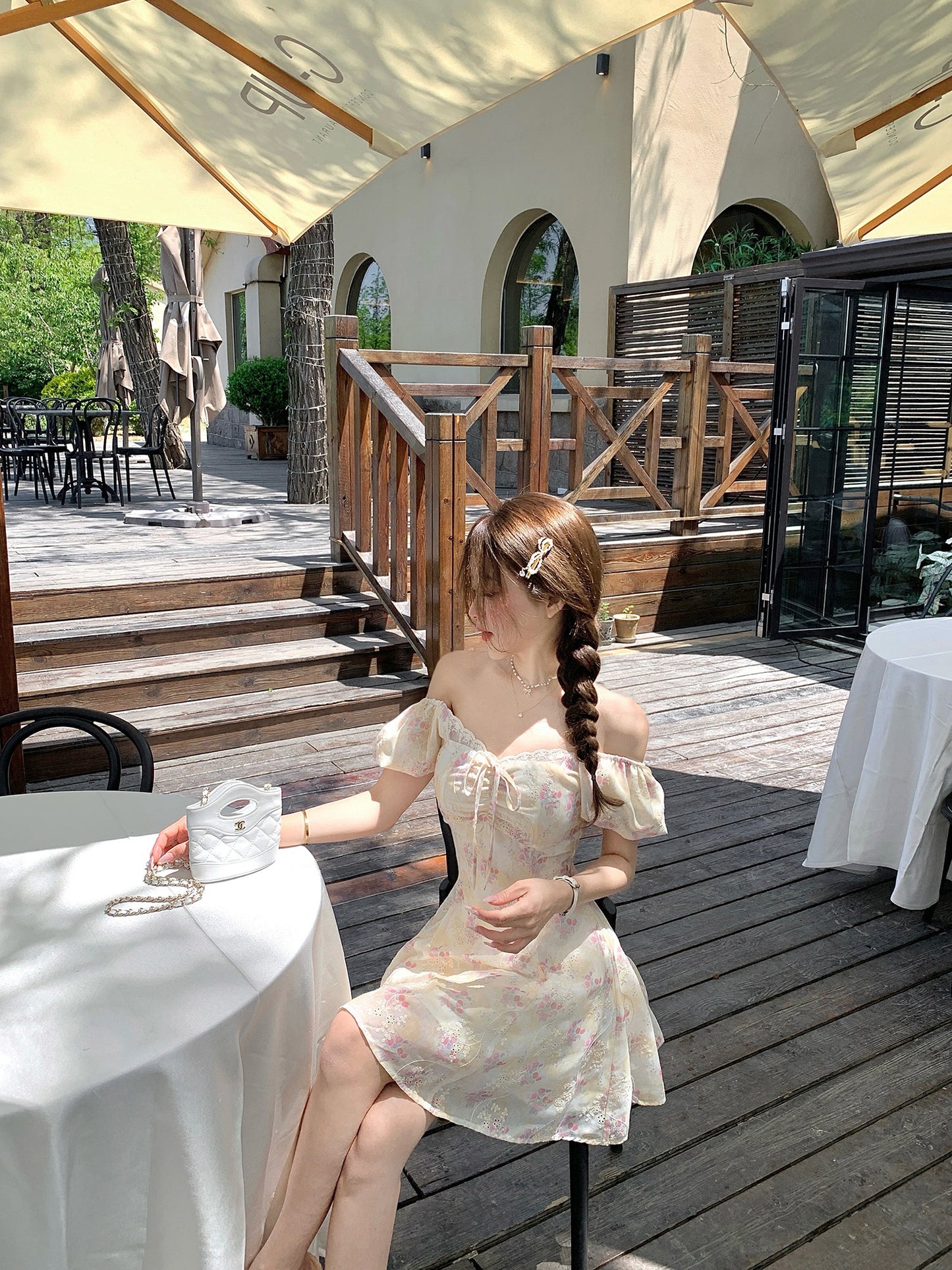 French yellow floral short-sleeved dress, beautiful summer skirt R3867