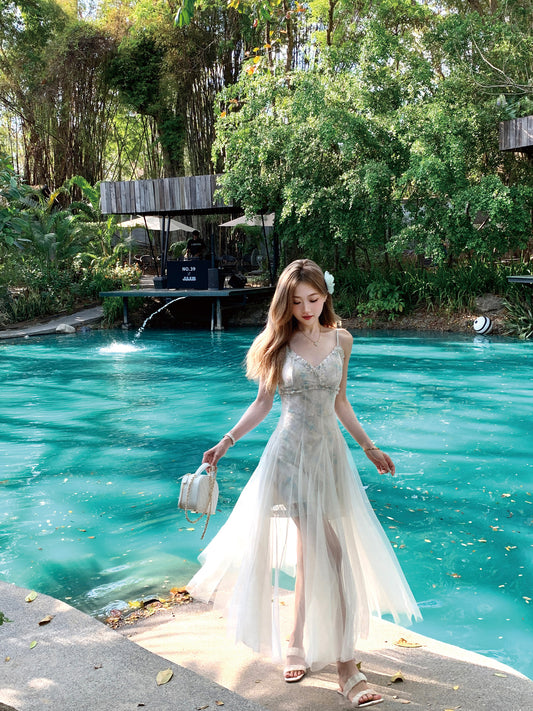 Mint green mesh dress fairy holiday lace summer suspender long dress new style R3873