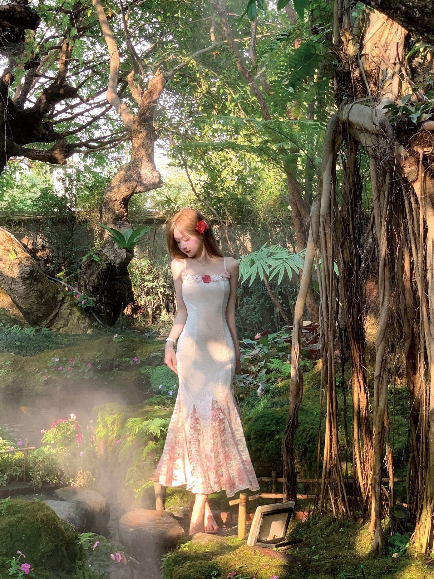 Summer fishtail design floral long skirt with suspenders for holiday R3868