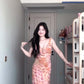 Pink floral suspender dress beautiful waist slim hip skirt R0622