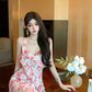 Tea break French v-neck floral suspender dress gentle temperament waist slit skirt R0619