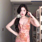 Pink floral suspender dress beautiful waist slim hip skirt R0622