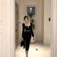 Hepburn style French black dress high-end niche temperament square neck long sleeve dress R1793