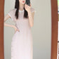 Gentle style pink short-sleeved dress with elegant waist and slim fit R0849