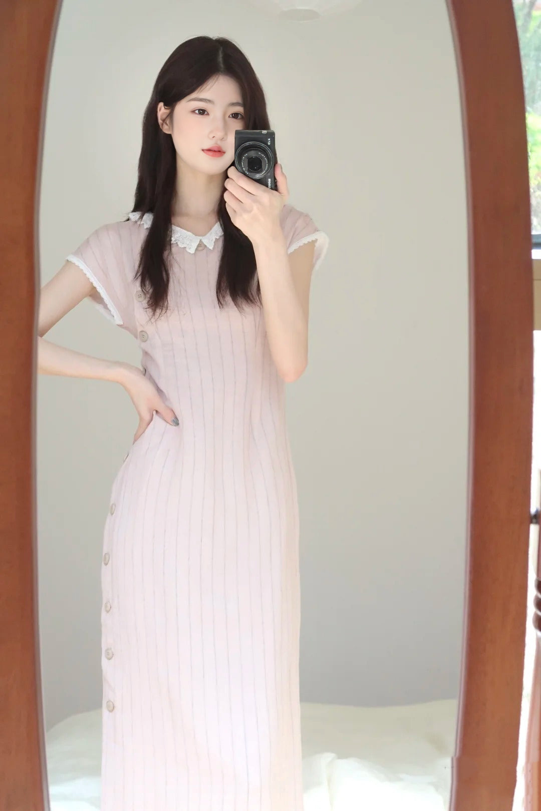 Gentle style pink short-sleeved dress with elegant waist and slim fit R0849